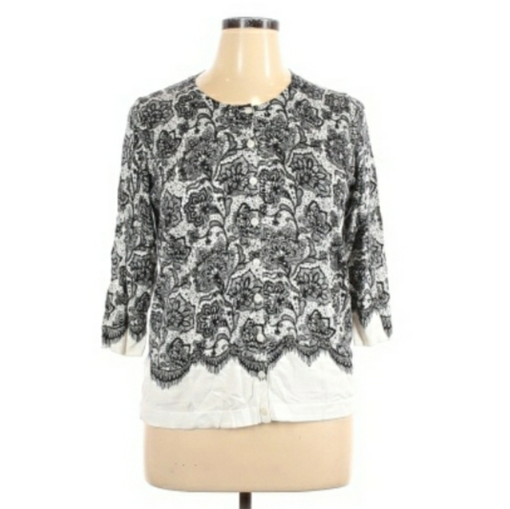 Roz & ALI blk white floral cardigan 3/4 sleeve XL